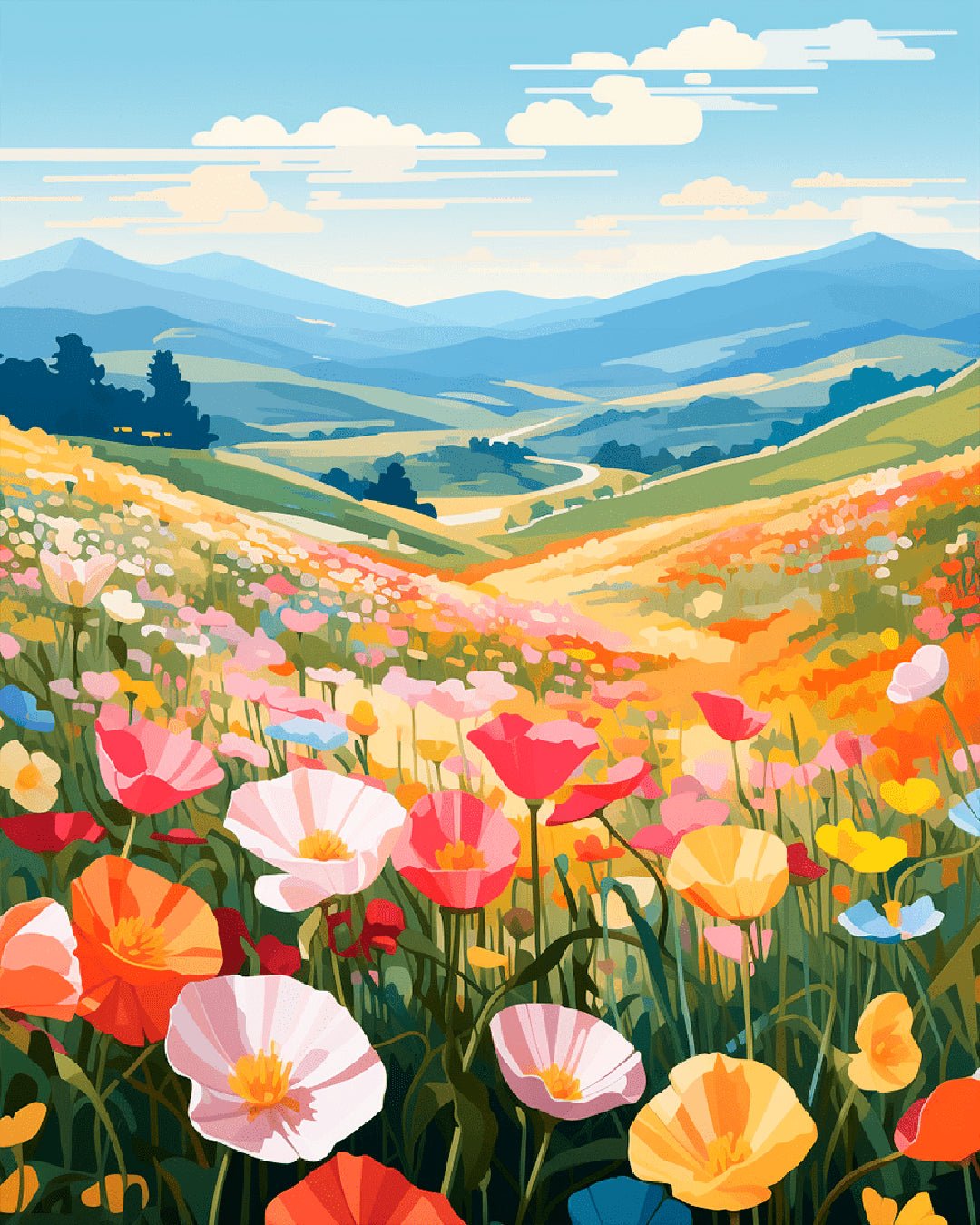 Raw landscape image of Wildflower Horizon paint by numbers kit with blooming field and scenic valley view by Tinta Canvas