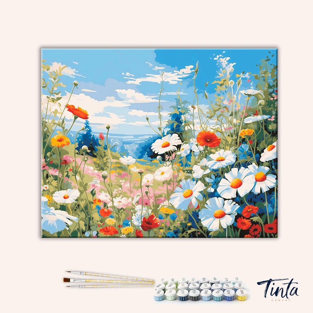 Clean artwork of Wildflower Meadow paint by numbers kit featuring daisies, poppies, and lush meadow scenery