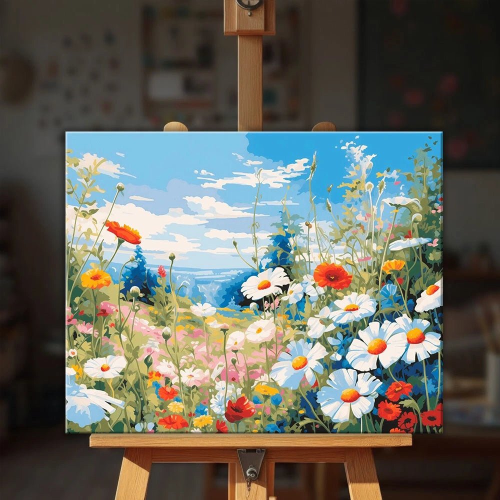 Wildflower Meadow paint by numbers kit displayed on easel in bright setting with cheerful floral landscape