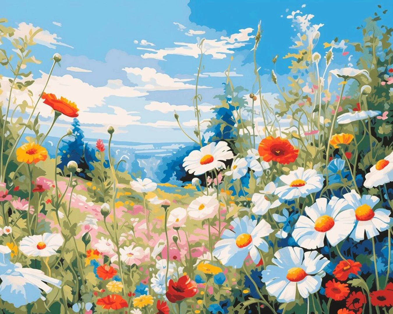 Raw landscape of Wildflower Meadow paint by numbers kit showing blooming flowers, greenery, and open sky