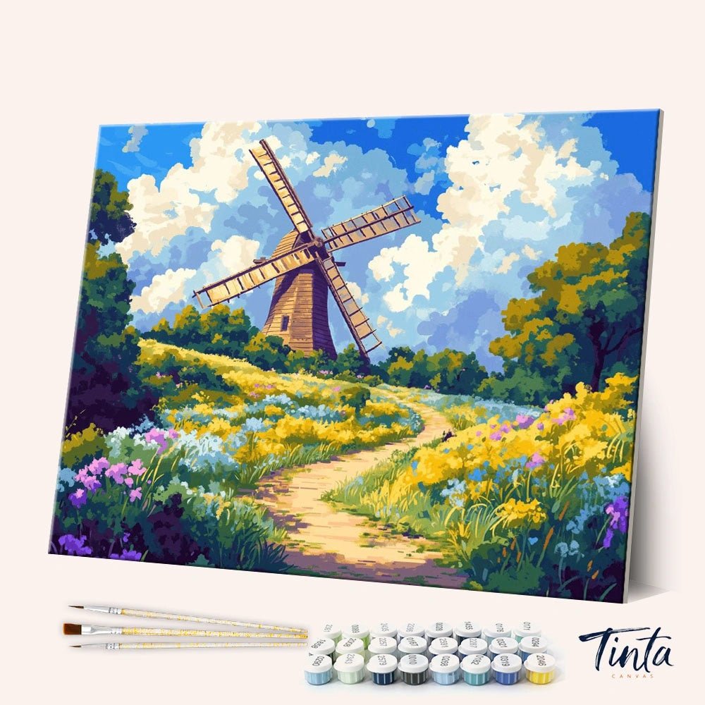 Windmill Clearing paint by numbers kit shown in angled view with windmill, wildflowers, and winding path