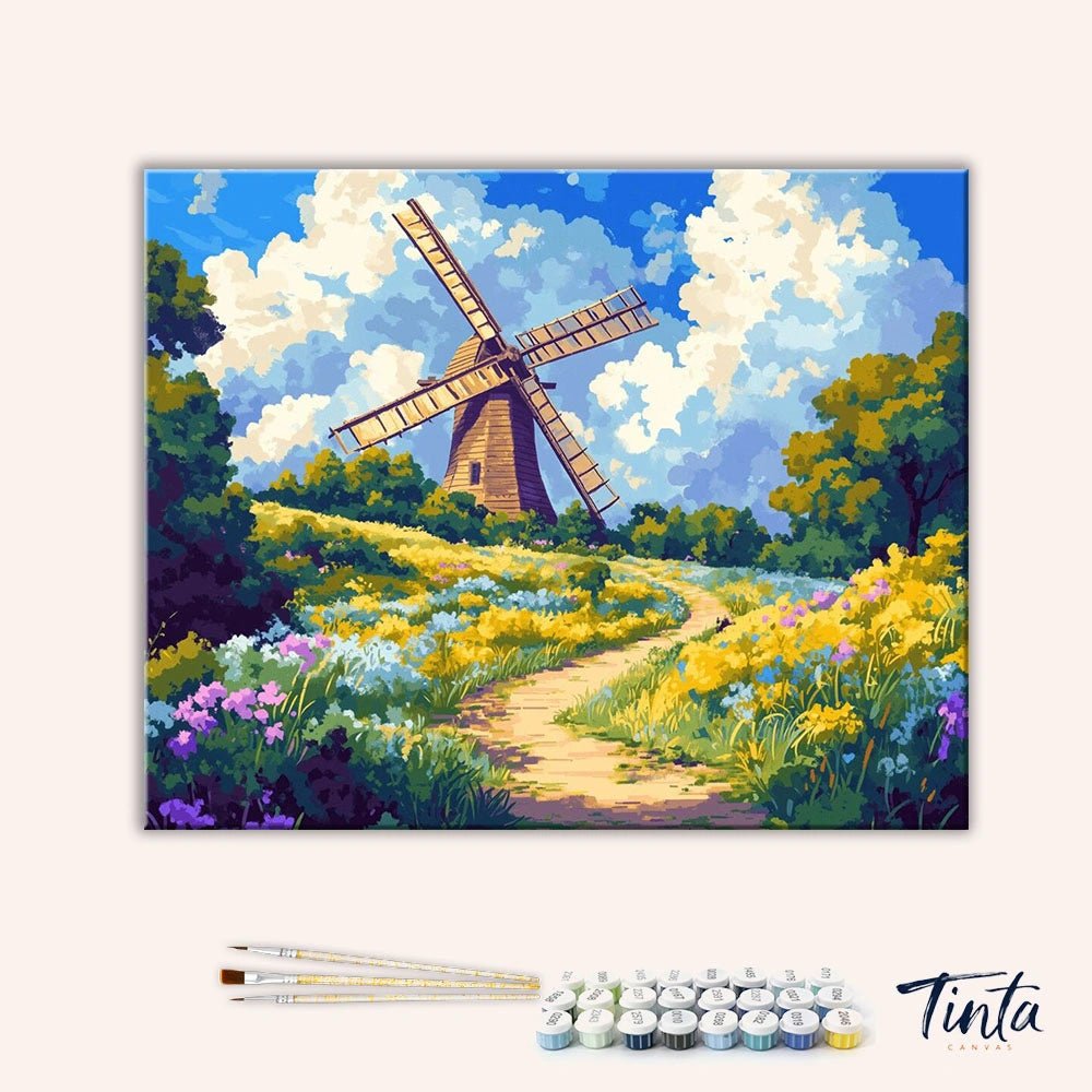Clean artwork of Windmill Clearing paint by numbers kit featuring bright meadow, blue sky, and rustic windmill