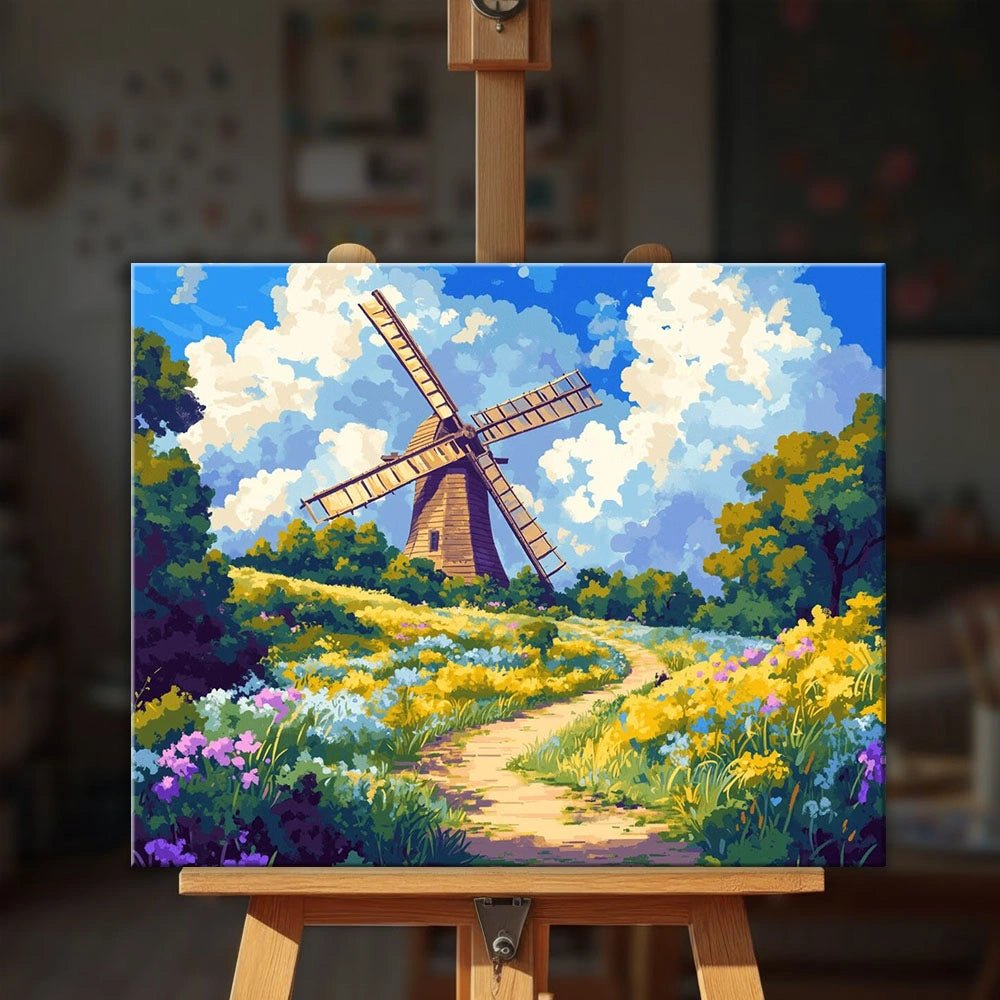 Windmill Clearing paint by numbers kit displayed on easel in bright setting with cheerful countryside scenery
