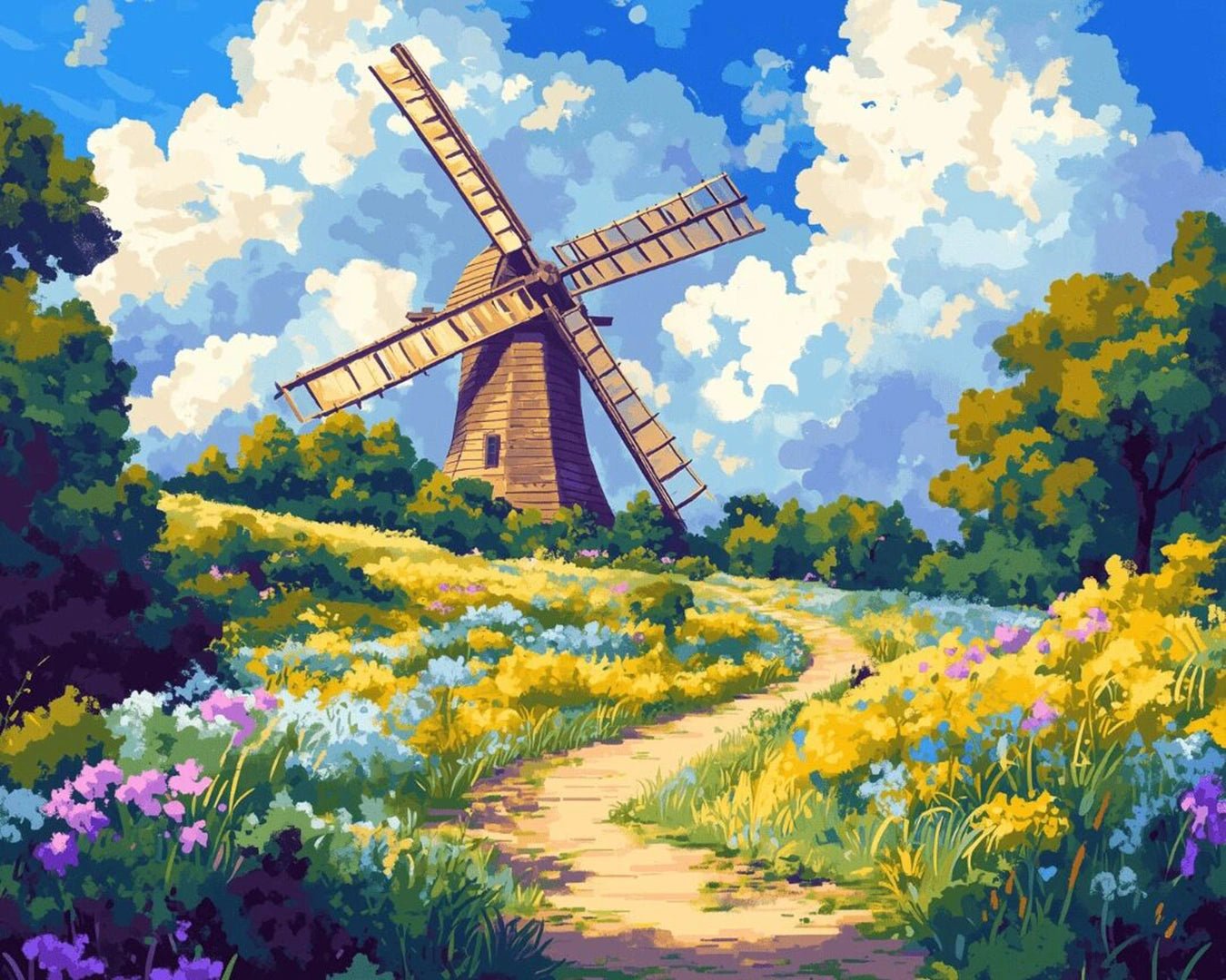 Raw landscape of Windmill Clearing paint by numbers kit showing flower fields, trees, and classic windmill