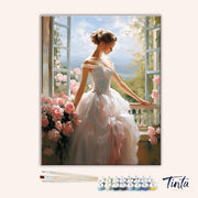 Clean artwork of Window of Elegance paint by numbers kit featuring elegant portrait with soft light and floral setting