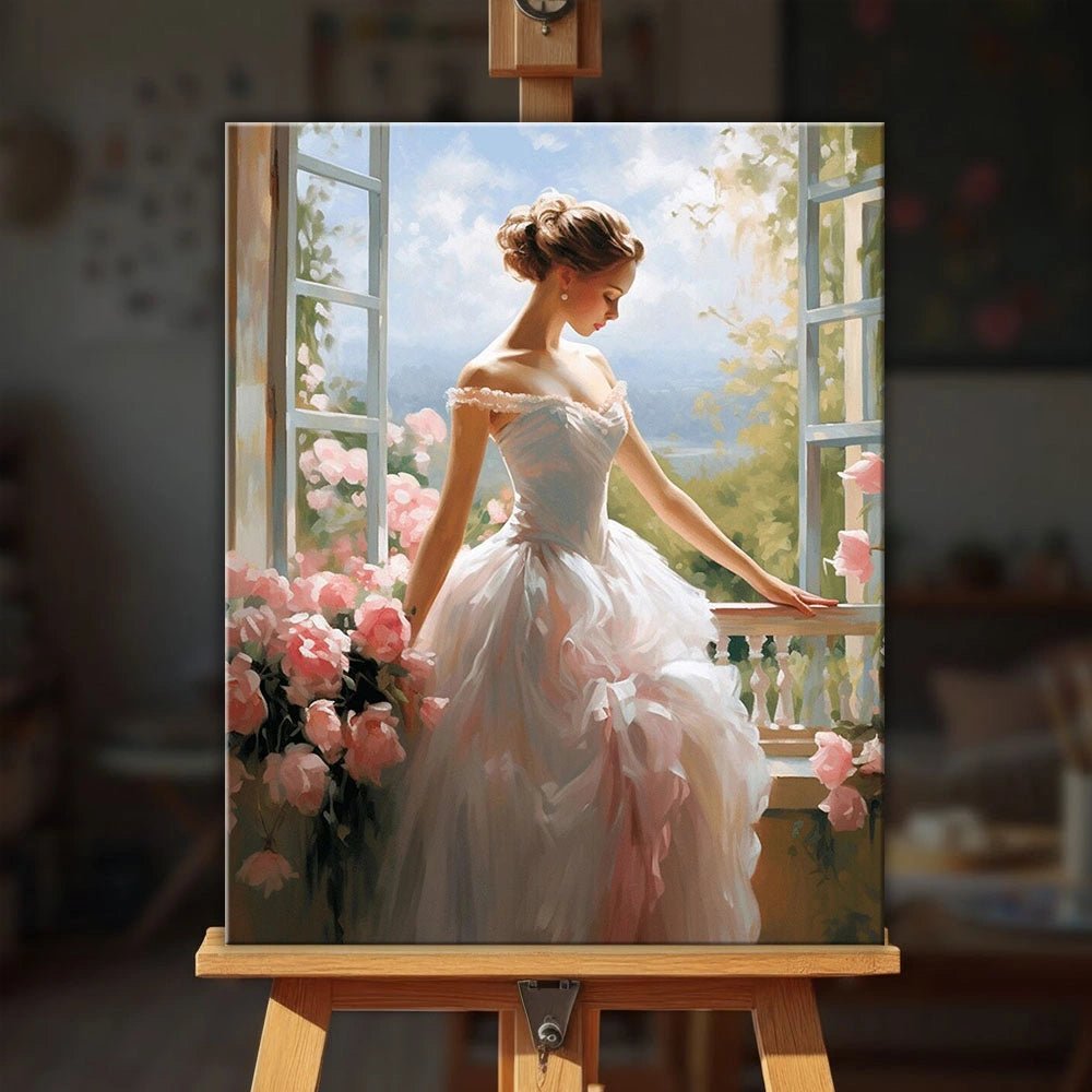 Window of Elegance paint by numbers kit displayed on easel in cozy setting with romantic and graceful artwork