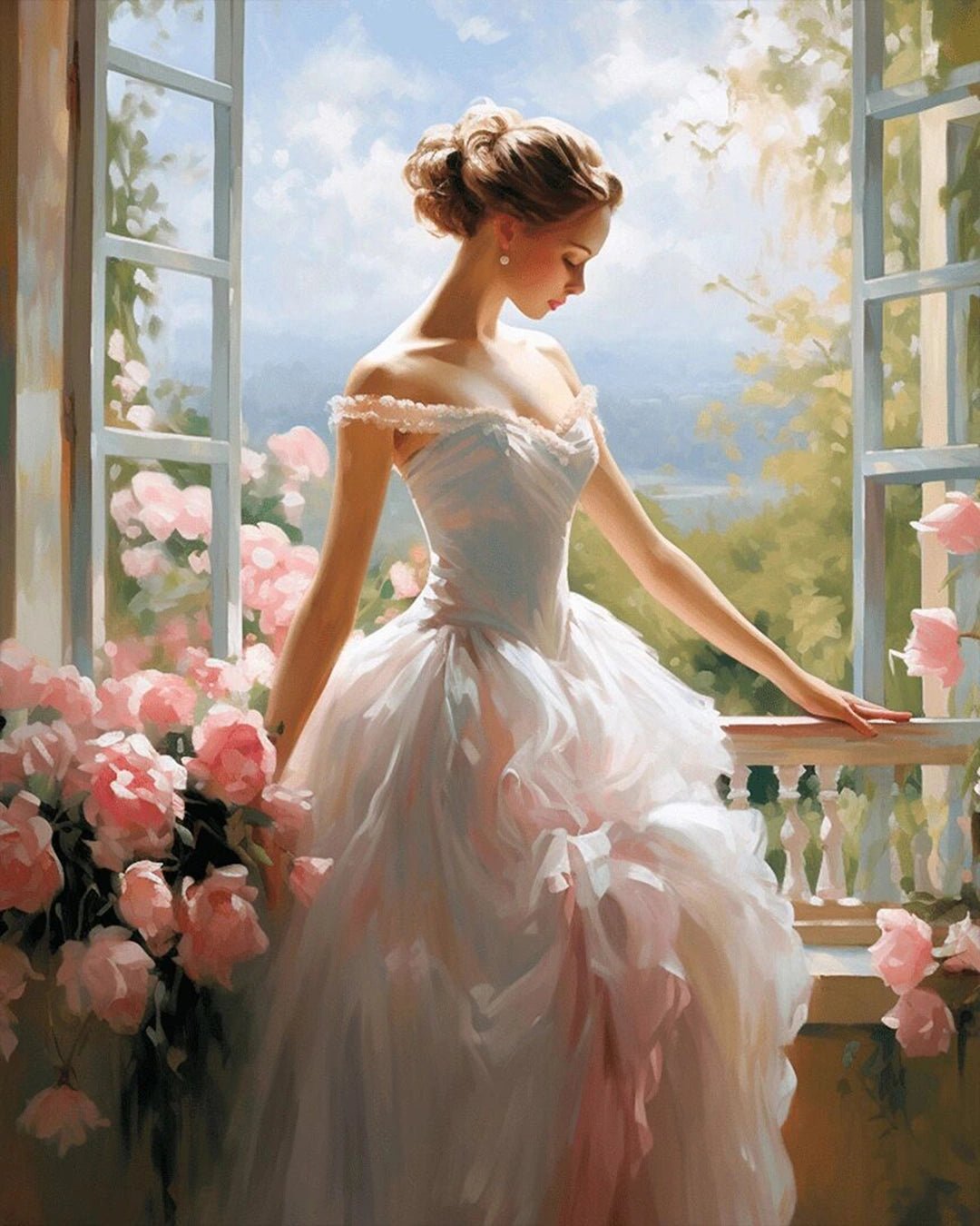 Raw landscape of Window of Elegance paint by numbers kit showing floral balcony, window light, and flowing dress