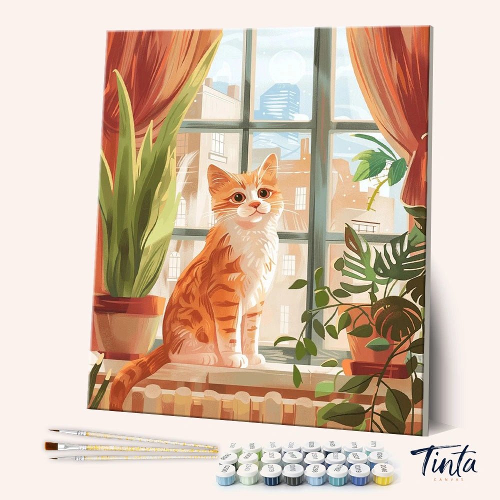 Windowsill Kitten paint by numbers kit shown in angled view with orange cat, plants, and sunlit window