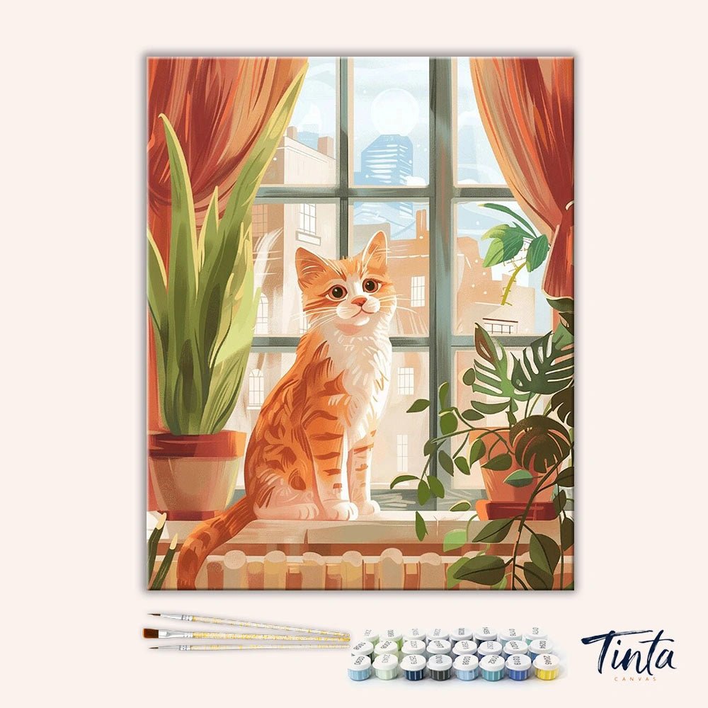 Clean artwork of Windowsill Kitten paint by numbers kit featuring cozy indoor scene with kitten and greenery