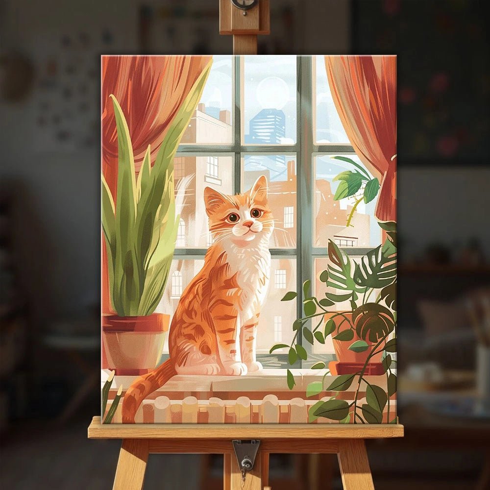 Windowsill Kitten paint by numbers kit displayed on easel in warm setting with bright and cheerful cat artwork