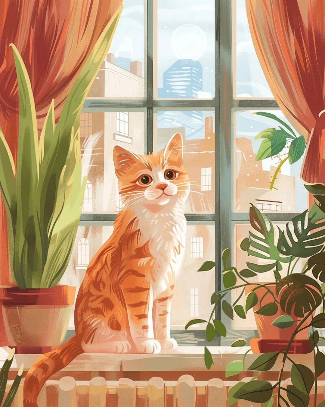 Raw landscape of Windowsill Kitten paint by numbers kit showing window view, plants, and playful kitten