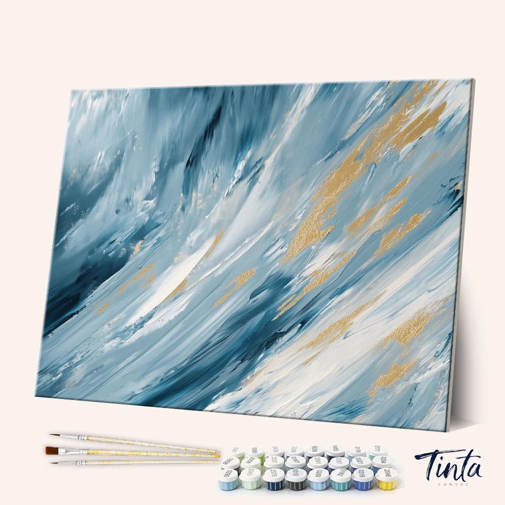 Windswept Dreams paint by numbers kit shown in angled view with flowing blue strokes and gold accents