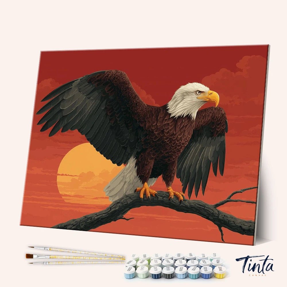 Wings of Freedom paint by numbers kit shown in angled view with eagle perched at sunset with wings spread