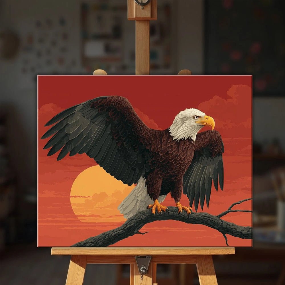 Wings of Freedom paint by numbers kit displayed on easel in cozy setting with bold wildlife scene