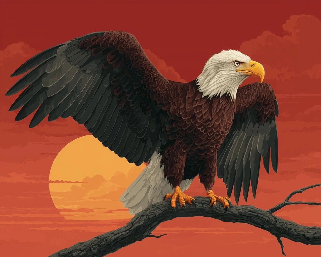 Raw landscape of Wings of Freedom paint by numbers kit showing eagle, branch, and warm sunset sky