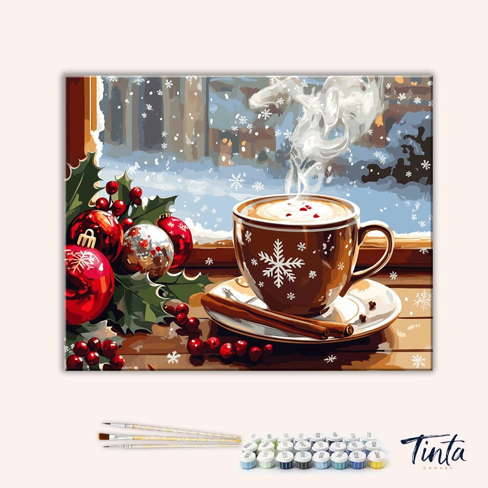 Clean artwork of Winter Break paint by numbers kit featuring cozy cup, snowfall, and holiday ornaments
