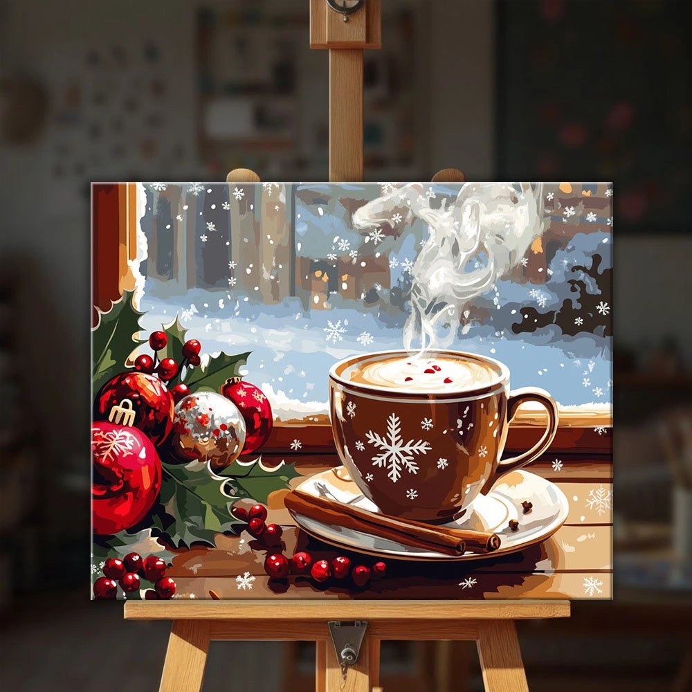 Winter Break paint by numbers kit displayed on easel in cozy setting with warm winter scene