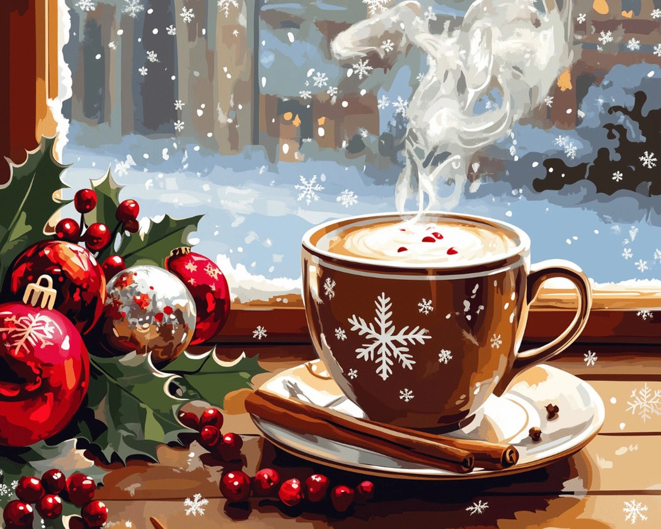 Raw landscape of Winter Break paint by numbers kit showing snowy window, hot drink, and seasonal decorations