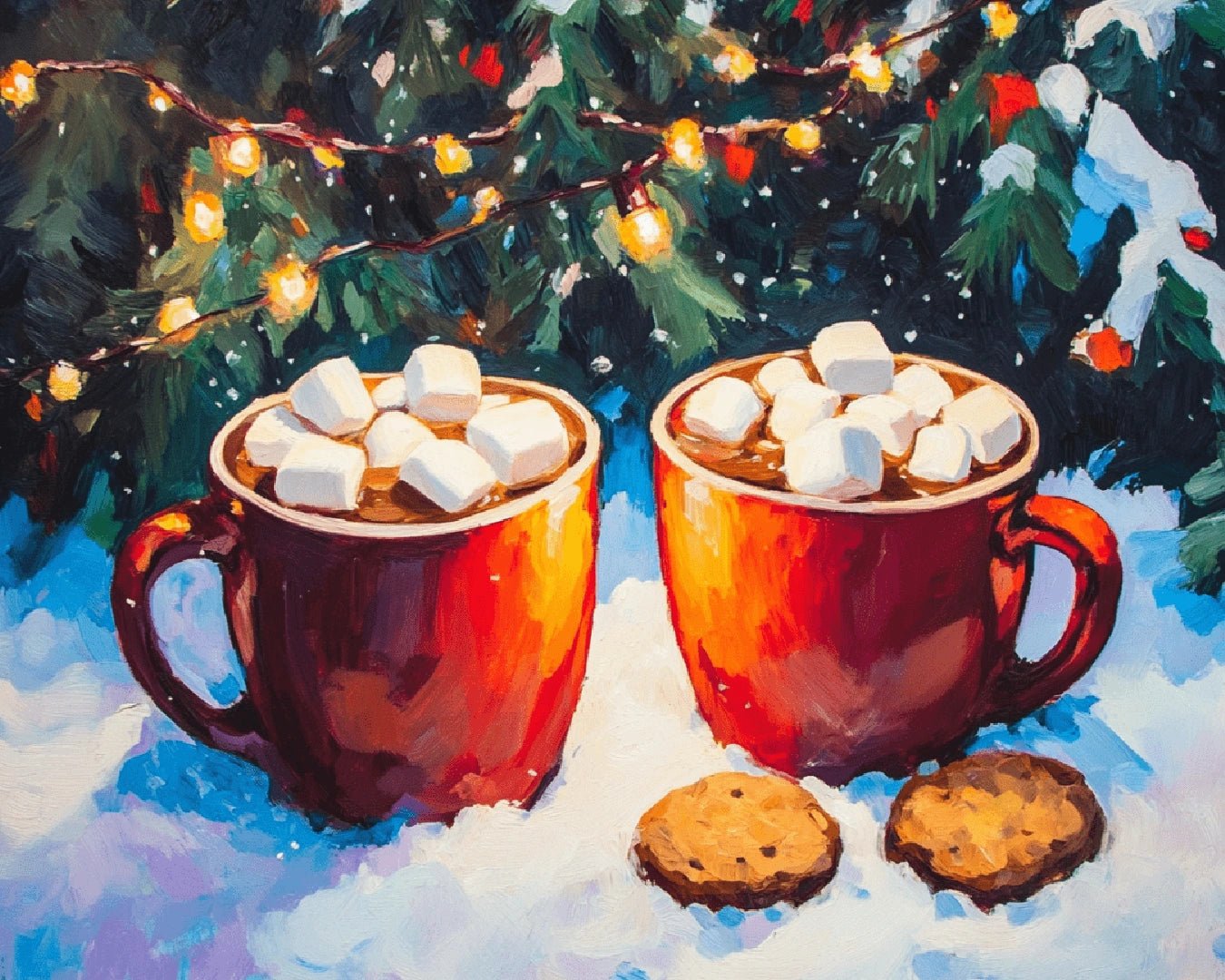 Paint by numbers canvas featuring a cozy winter scene with two cups of hot chocolate, cookies, and festive lights