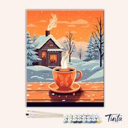 Clean artwork of Winter Coffee Retreat paint by numbers kit featuring warm coffee and winter landscape