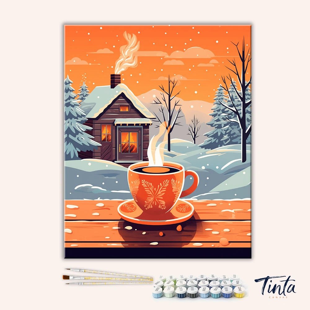 Clean artwork of Winter Coffee Retreat paint by numbers kit featuring warm coffee and winter landscape