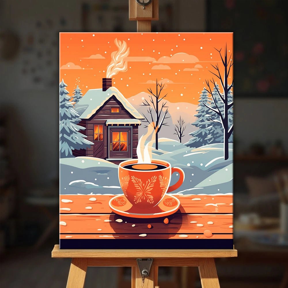 Winter Coffee Retreat paint by numbers kit displayed on easel in cozy setting with peaceful snowy view