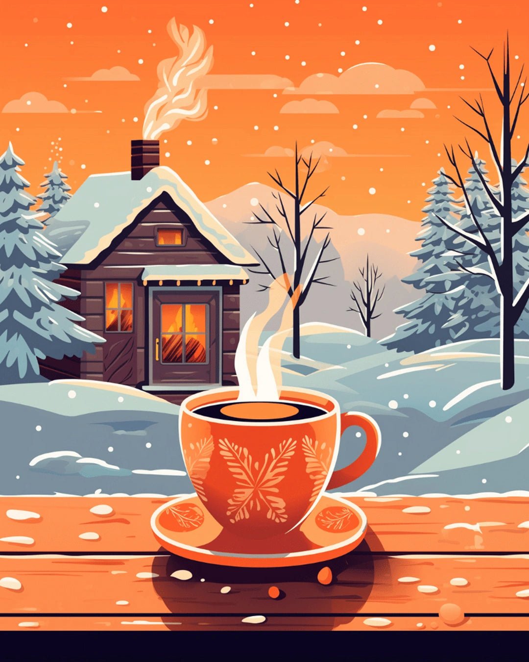 Raw landscape of Winter Coffee Retreat paint by numbers kit showing cabin, snow, and hot drink