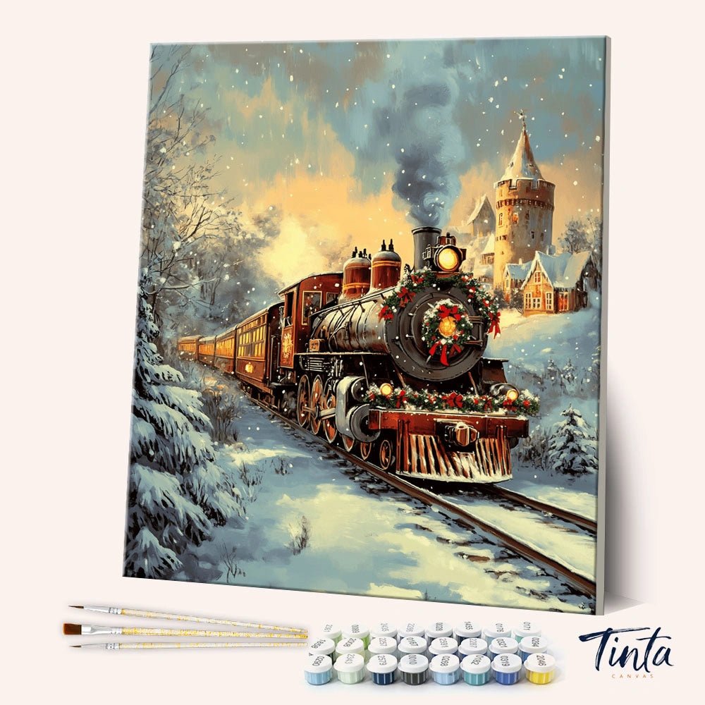 Winter Express paint by numbers kit shown in angled view with festive train traveling through snowy landscape