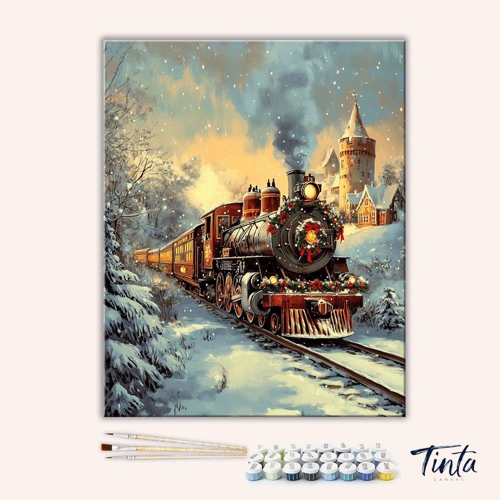 Clean artwork of Winter Express paint by numbers kit featuring steam locomotive and winter village