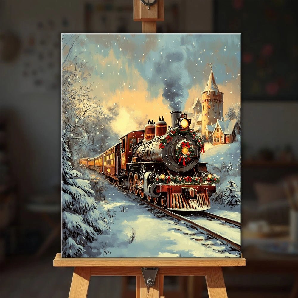 Winter Express paint by numbers kit displayed on easel in cozy setting with holiday train scene