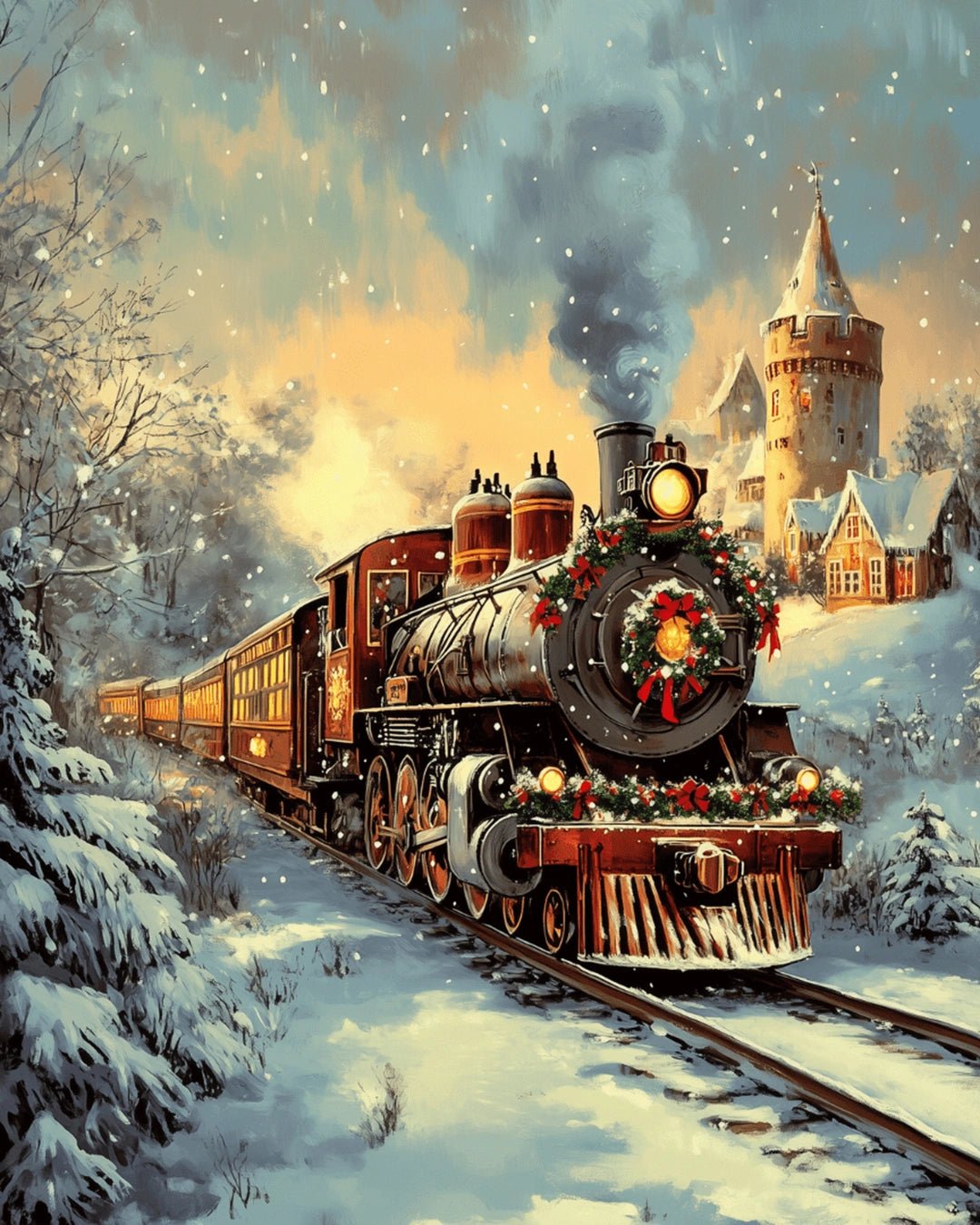 Raw landscape of Winter Express paint by numbers kit showing train, snow, and glowing winter atmosphere