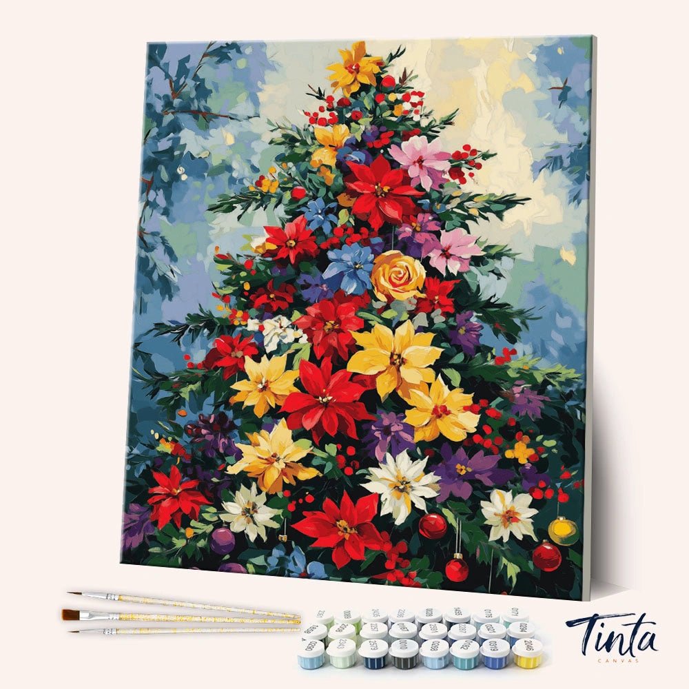 Winter Florals paint by numbers kit shown in angled view with colorful festive flowers and greenery