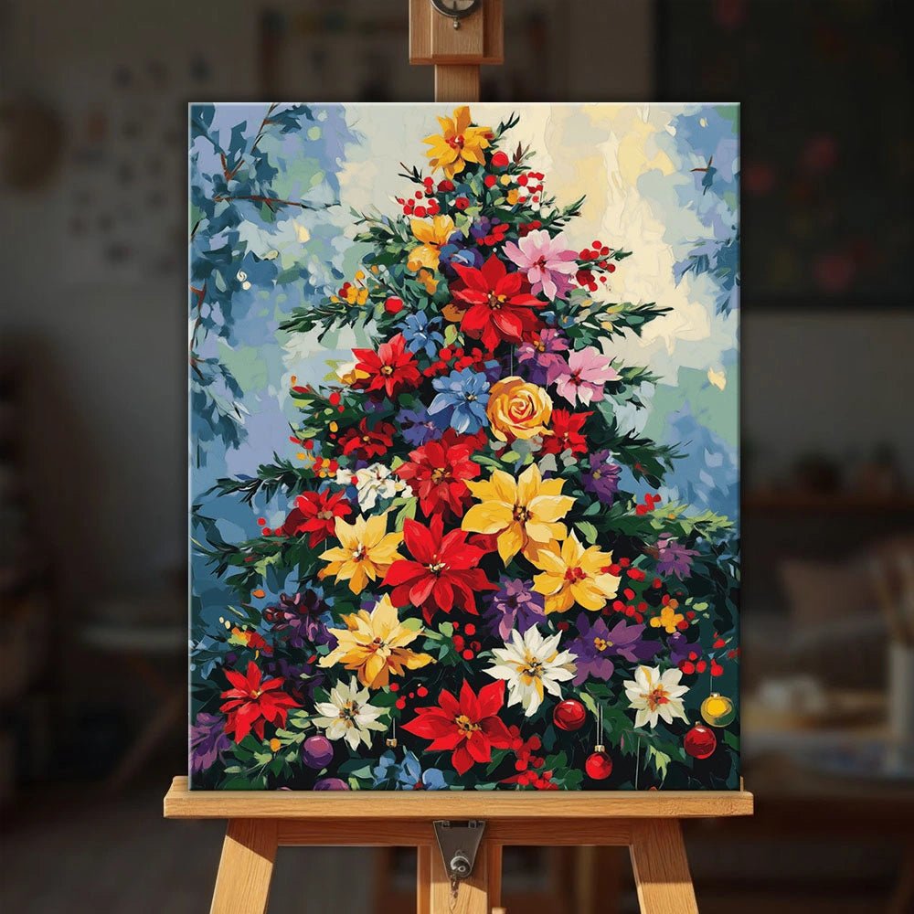 Winter Florals paint by numbers kit displayed on easel in cozy setting with bright floral composition