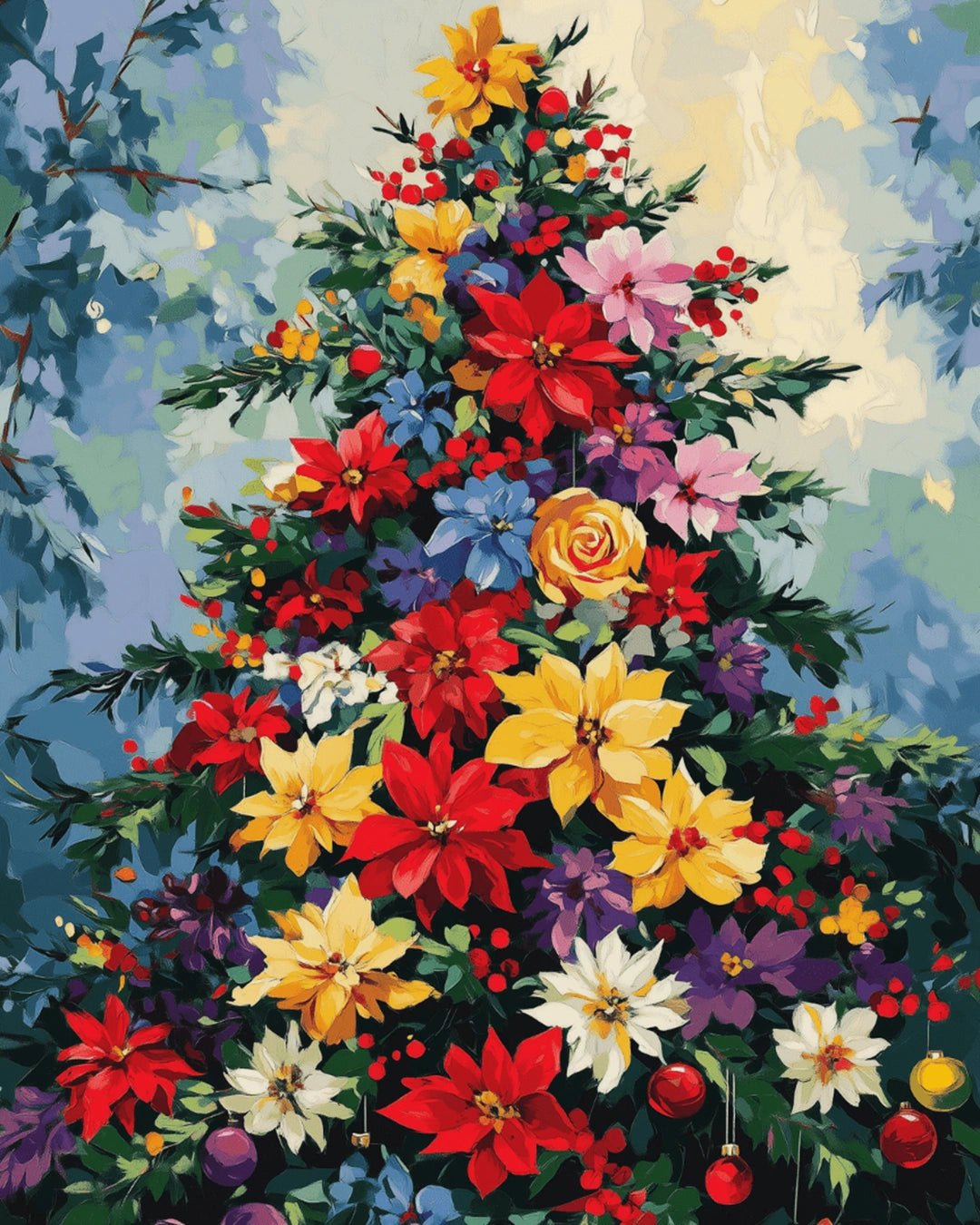 Raw landscape of Winter Florals paint by numbers kit showing detailed flowers, leaves, and festive colors