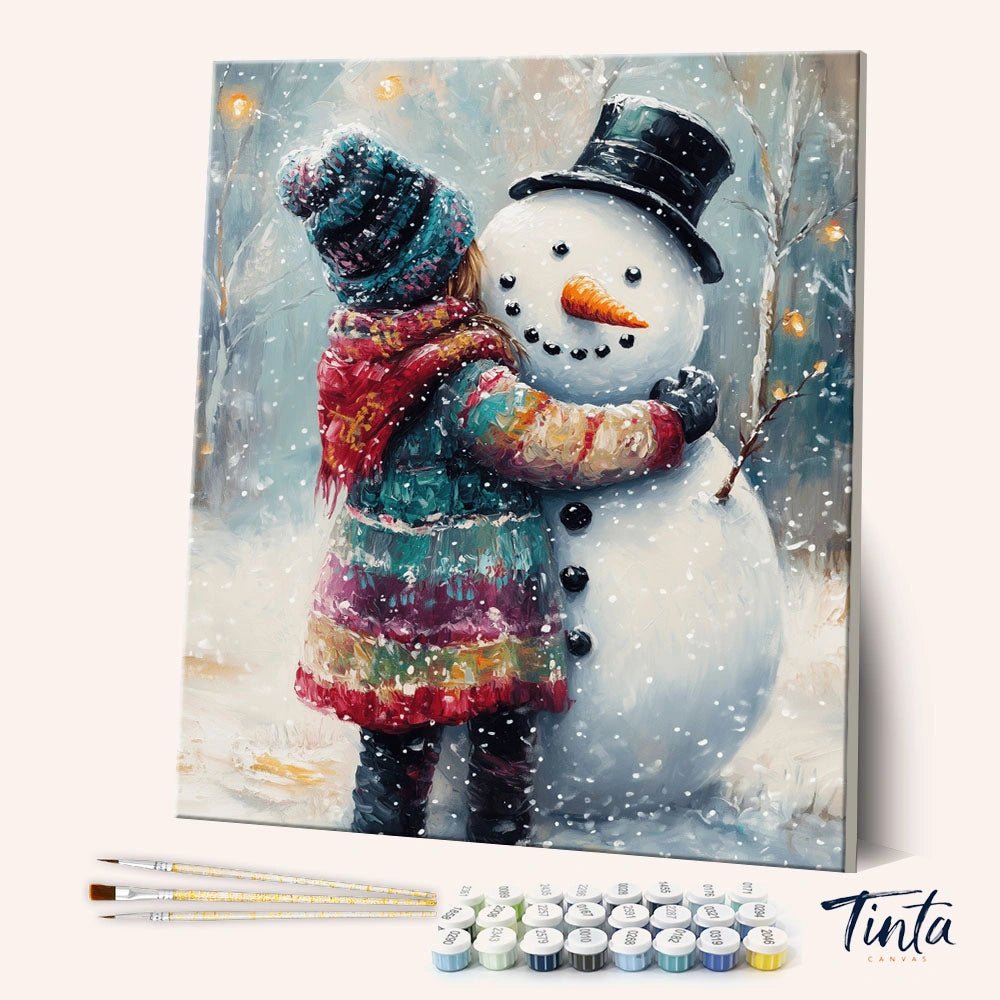 Winter Friend paint by numbers kit shown in angled view with child hugging snowman in snowy setting