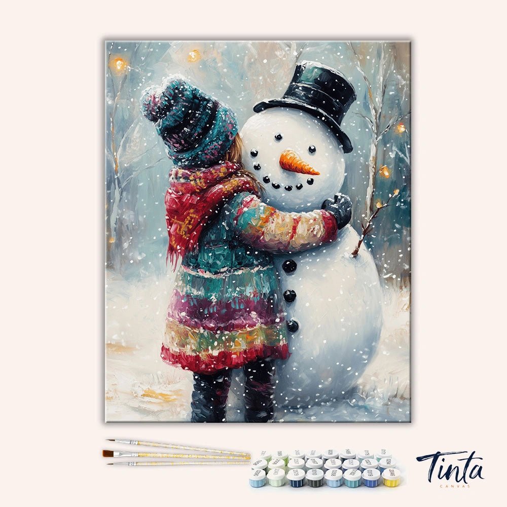 Clean artwork of Winter Friend paint by numbers kit featuring snowman, winter clothing, and falling snow