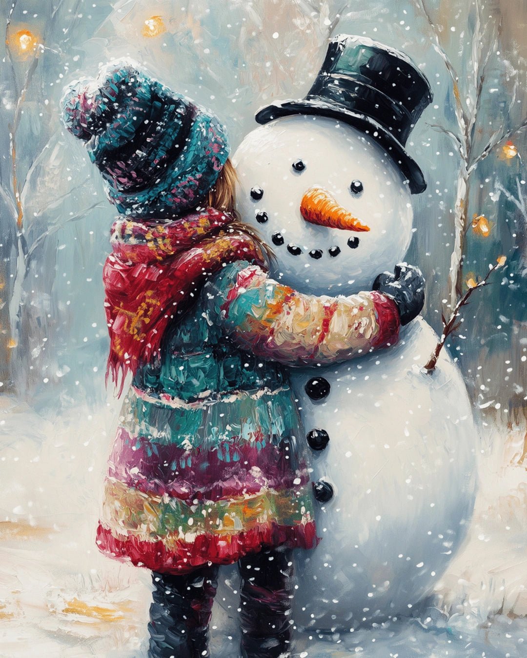 Raw landscape of Winter Friend paint by numbers kit showing snow, trees, and child with snowman