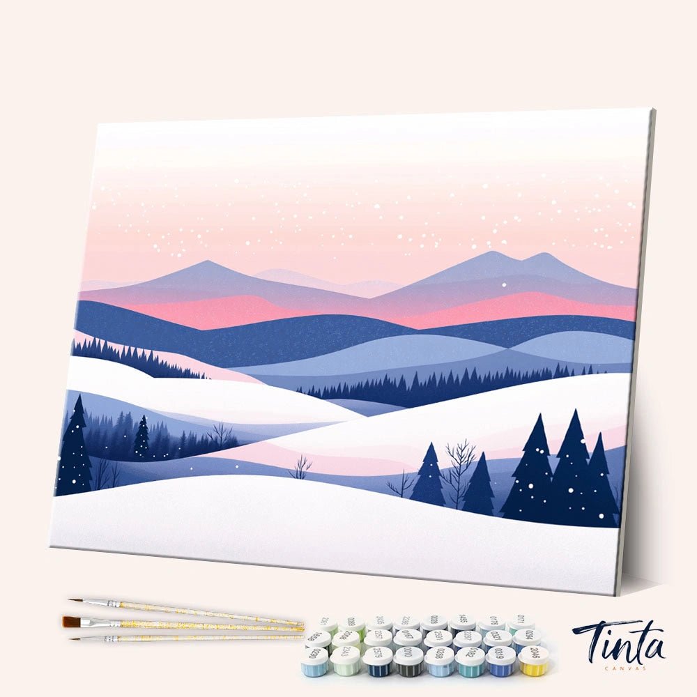 Winter Hills paint by numbers kit shown in angled view with soft snowy hills and pastel sky