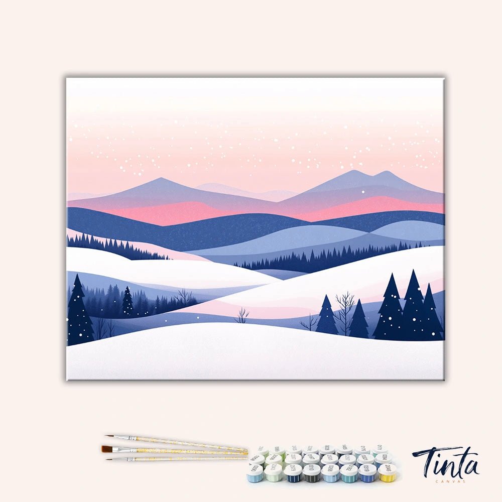 Clean artwork of Winter Hills paint by numbers kit featuring minimalist winter landscape and gentle gradients