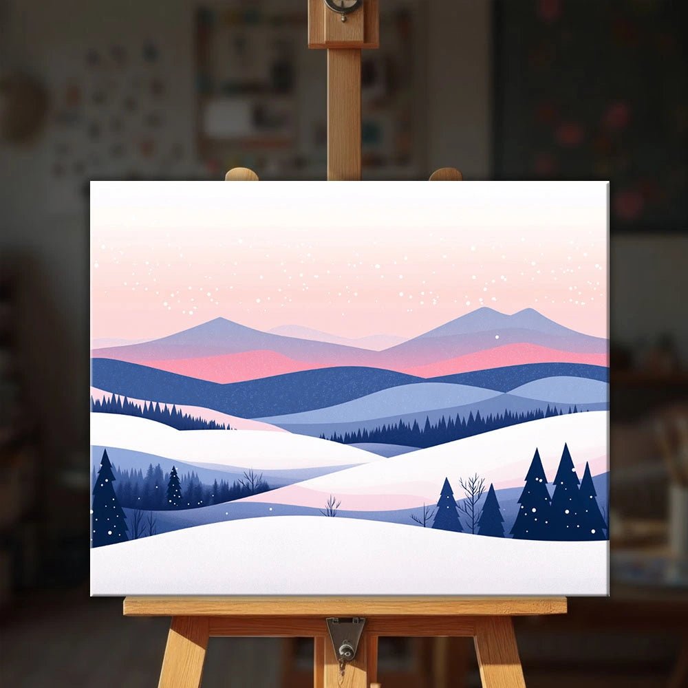 Winter Hills paint by numbers kit displayed on easel in cozy setting with calm snowy scenery