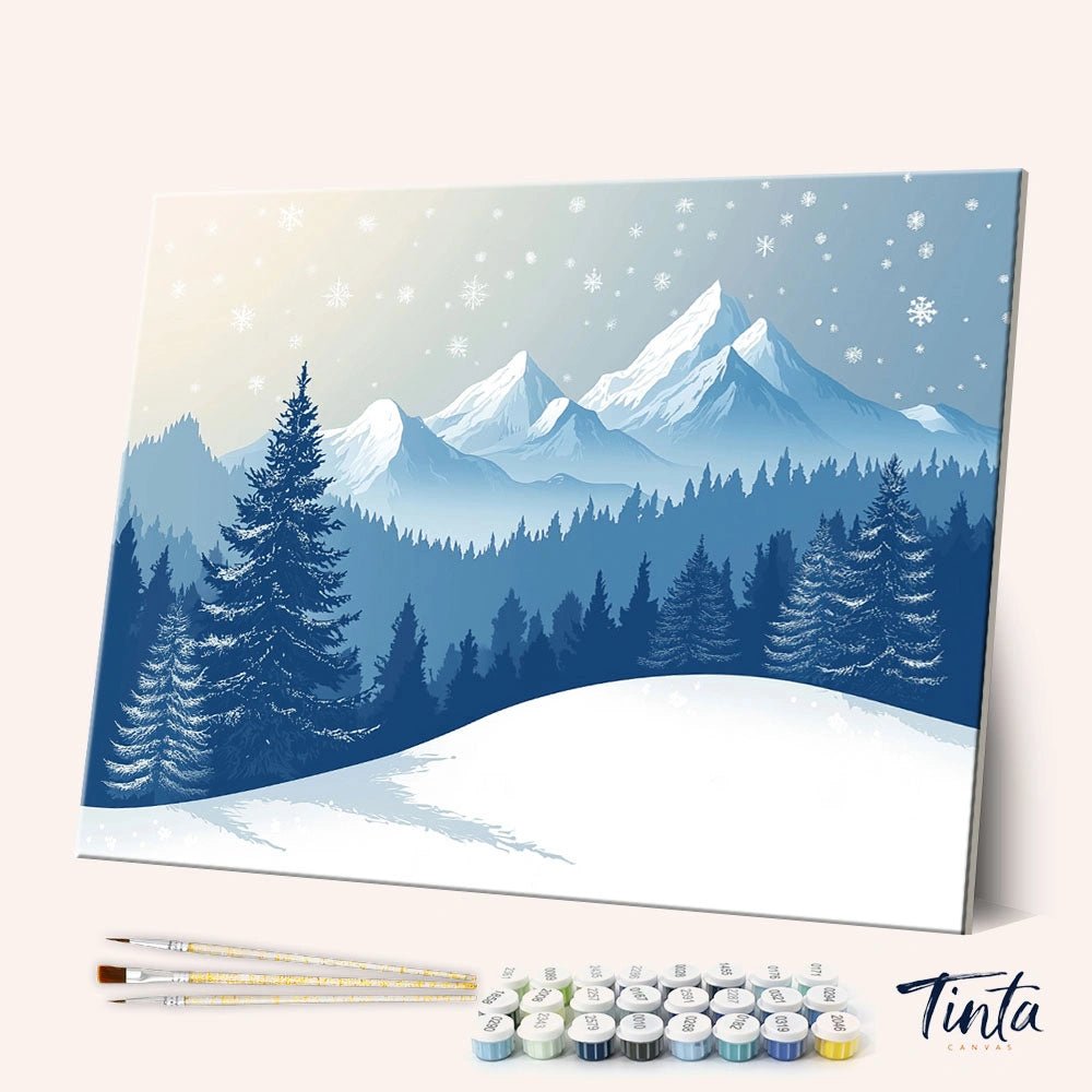 Winter Landscape paint by numbers kit angled view showing snowy hills, pine trees, and mountain peaks with falling snow