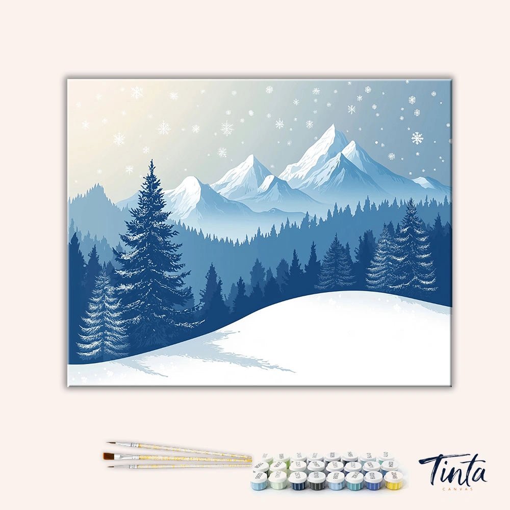 Clean artwork of Winter Landscape paint by numbers kit featuring blue mountains, snow-covered forest, and soft sky tones
