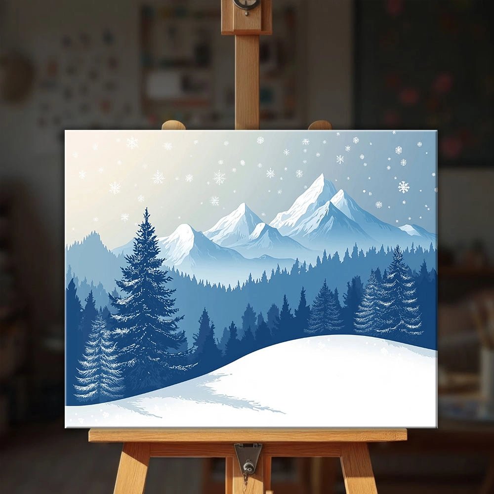 Winter Landscape paint by numbers kit displayed on easel with serene snowy forest and peaceful winter scenery