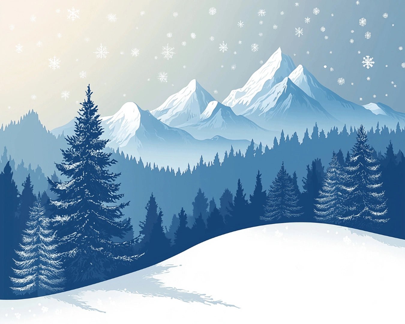 Raw landscape of Winter Landscape paint by numbers kit showing layered trees, snowy hills, and distant mountain range
