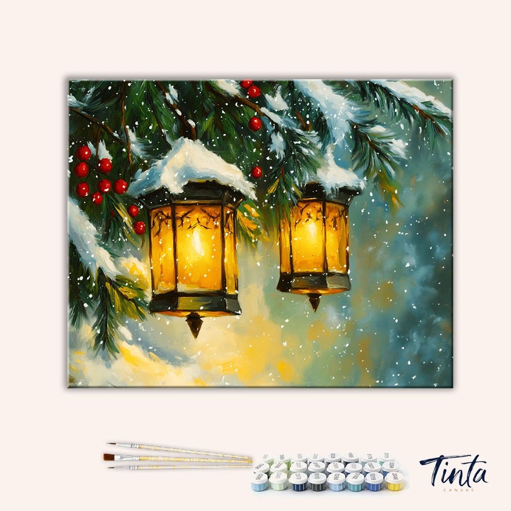Clean artwork of Winter Lanterns paint by numbers kit featuring warm lights, snow, and festive evergreen details