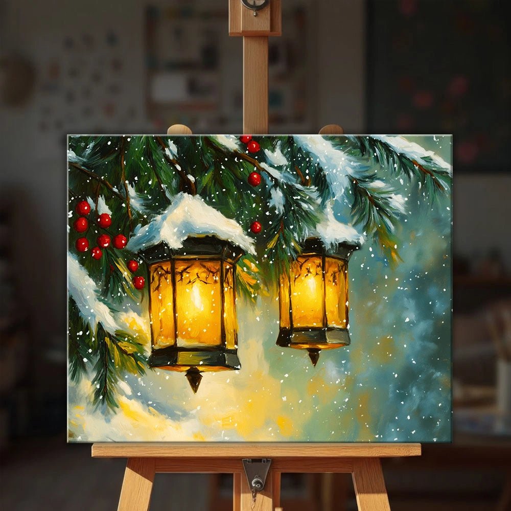 Winter Lanterns paint by numbers kit displayed on easel with cozy glowing lanterns and winter holiday atmosphere