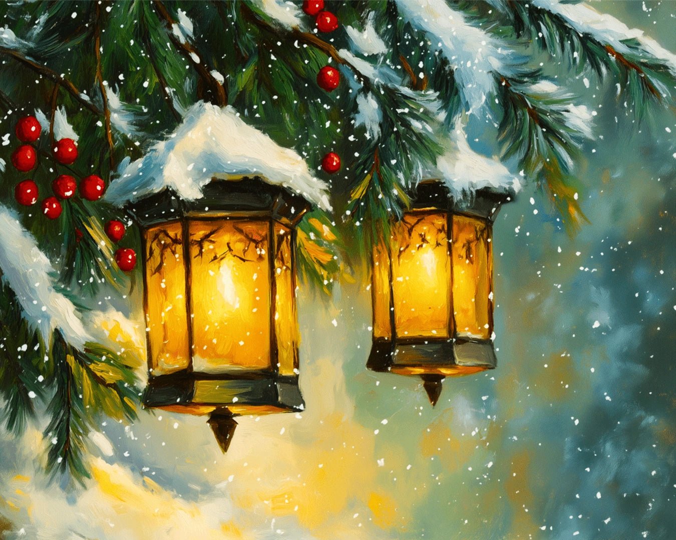 Raw landscape of Winter Lanterns paint by numbers kit showing illuminated lanterns, snowflakes, and pine branches