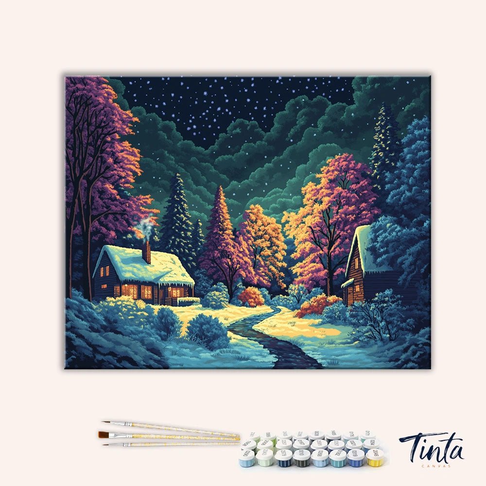 Clean artwork of Winter Night Cabin paint by numbers kit featuring forest, cabins, and starry sky