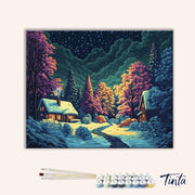 Clean artwork of Winter Night Cabin paint by numbers kit featuring forest, cabins, and starry sky