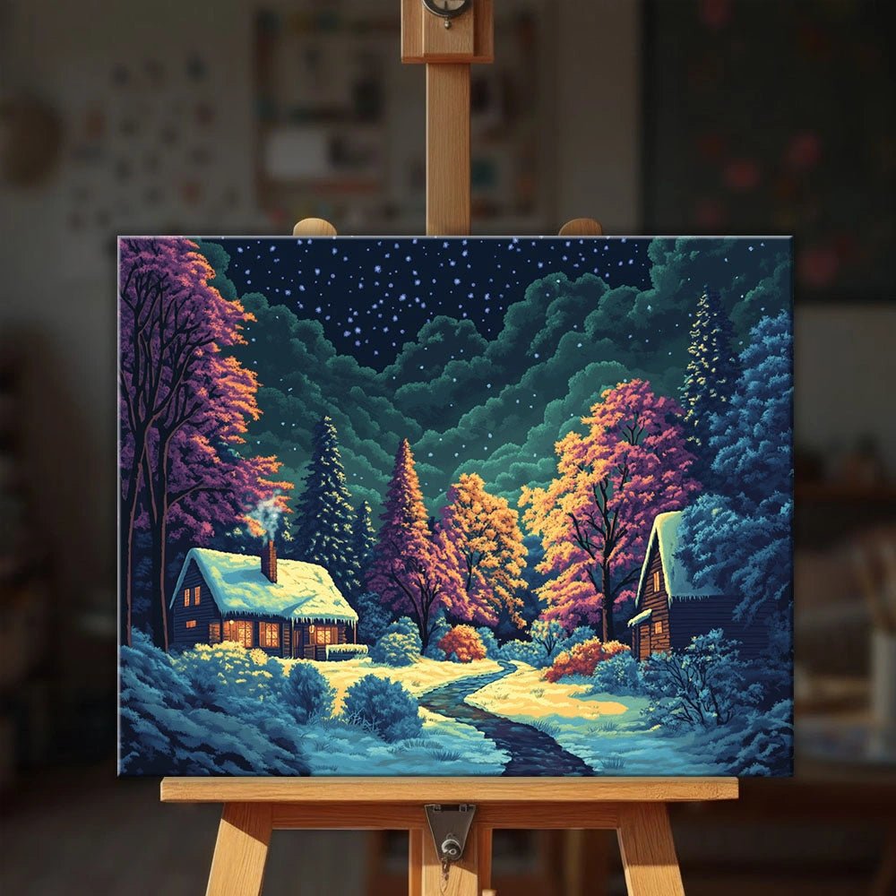 Winter Night Cabin paint by numbers kit displayed on easel in cozy setting with peaceful winter scene